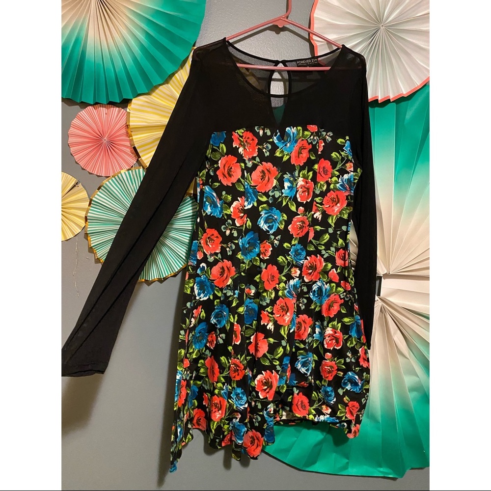 floral skater dress with mesh long sleeves